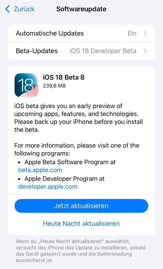 富川苹果手机维修分享苹果 iOS / iPadOS 18 开发者预览版 Beta 8 发布 